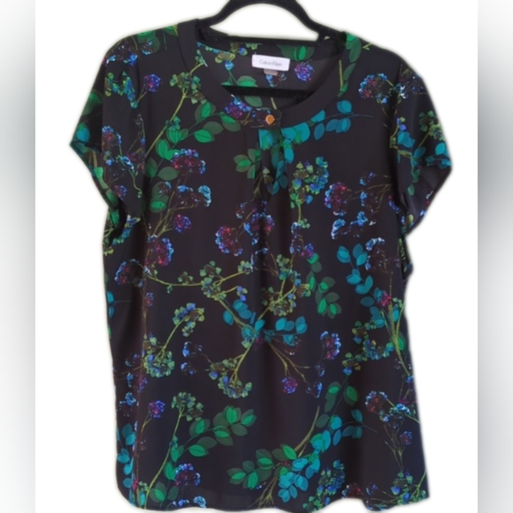 Calvin Klein Black Floral Scoop Neck Button Keyhole Flutter Sleeve Blouse XL